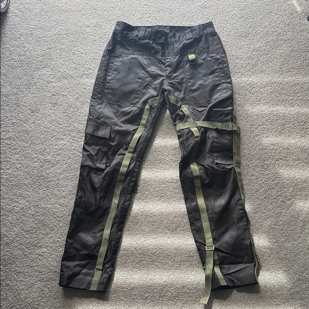 Black Cargo Tech Pants with Olive Straps